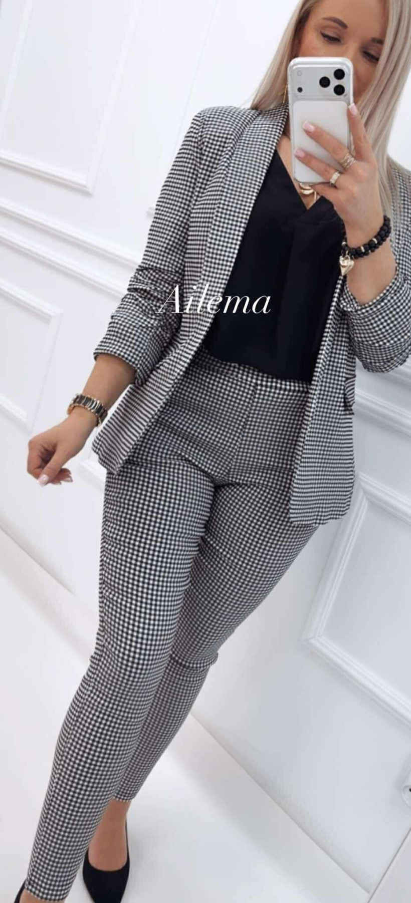 Garnitur w pepitkę kk1525 marynarka z marszczonym rękawem i spodnie 