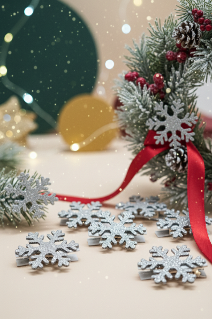 Śnieżynki srebrne na klipsie 3,5cm komplet 6sztuk