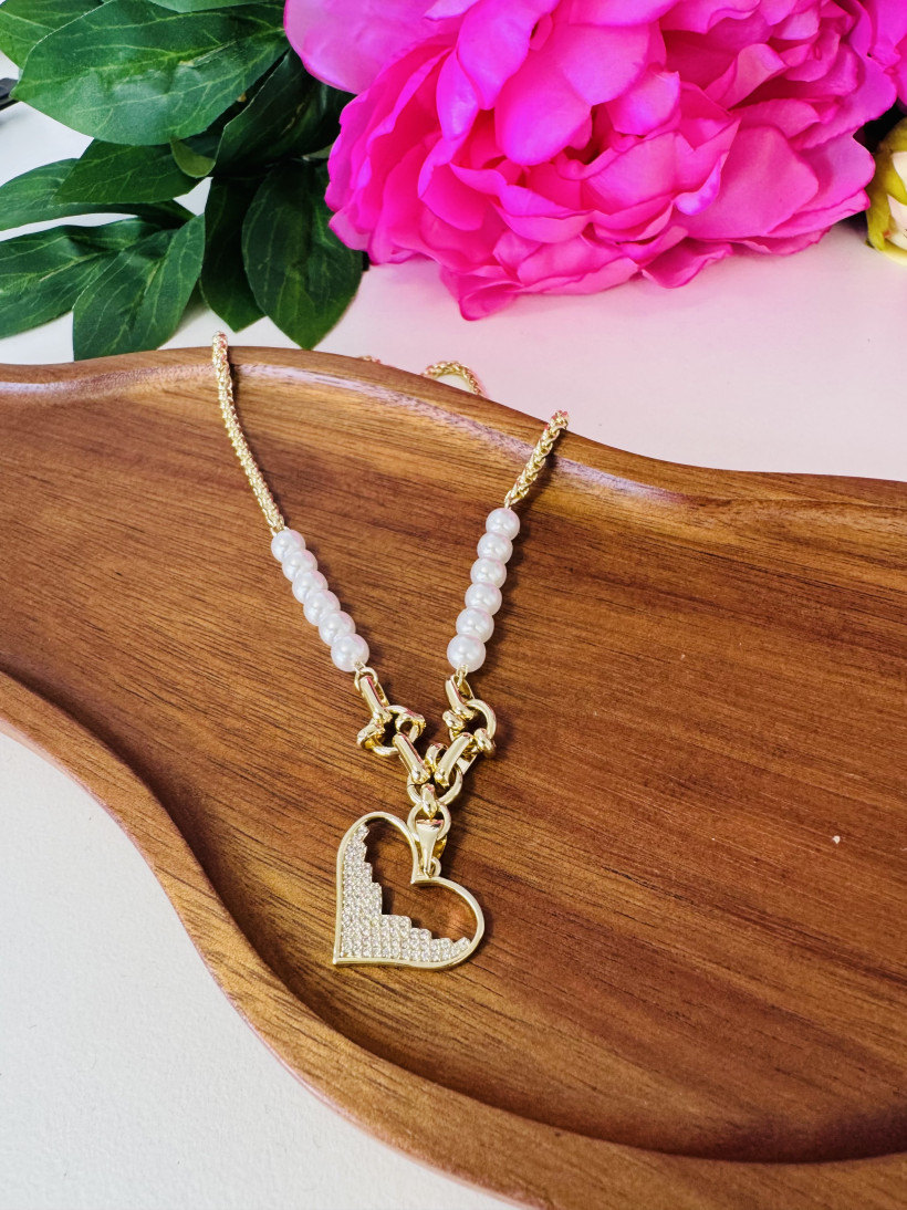 Łańcuszek serce perełki 13701 W