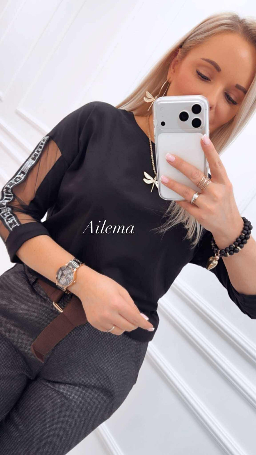 Bluzka Megi okrągły dekolt B1119 siatka na rękawach ze zdobieniem cyrkonami