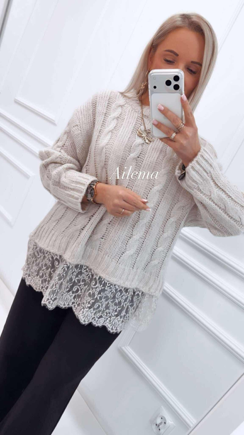 WYPRZEDAŻ Sweter z okrągłym dekoltem i warkoczem kk1536 ozdobna koronka