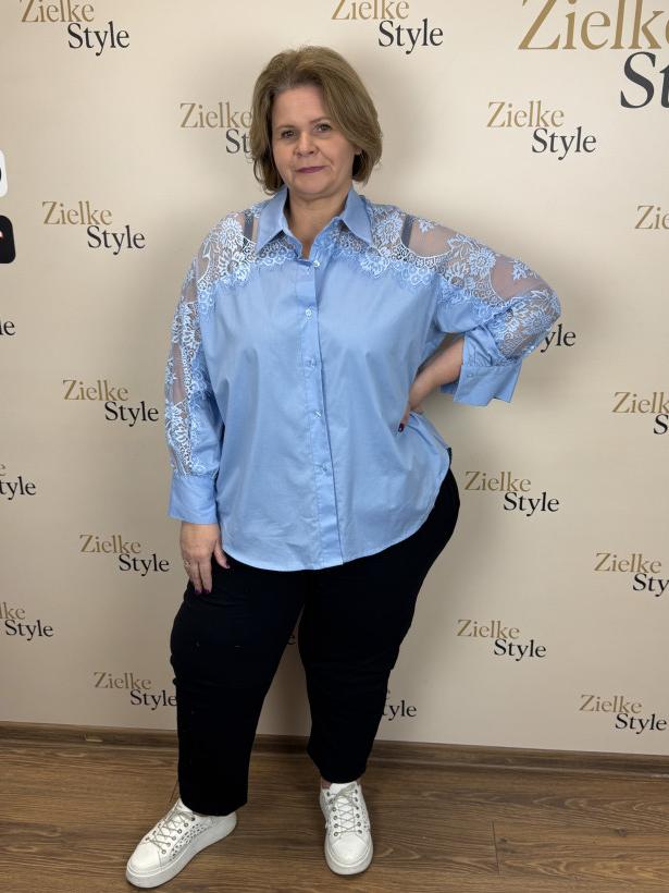 Koszula jednokolorowa z dodatkiem koronki - K19205 - niebieska