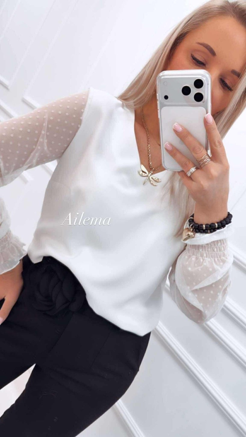 Koszula Madex kk1540 rękawy siatka z kropeczkami dekolt V