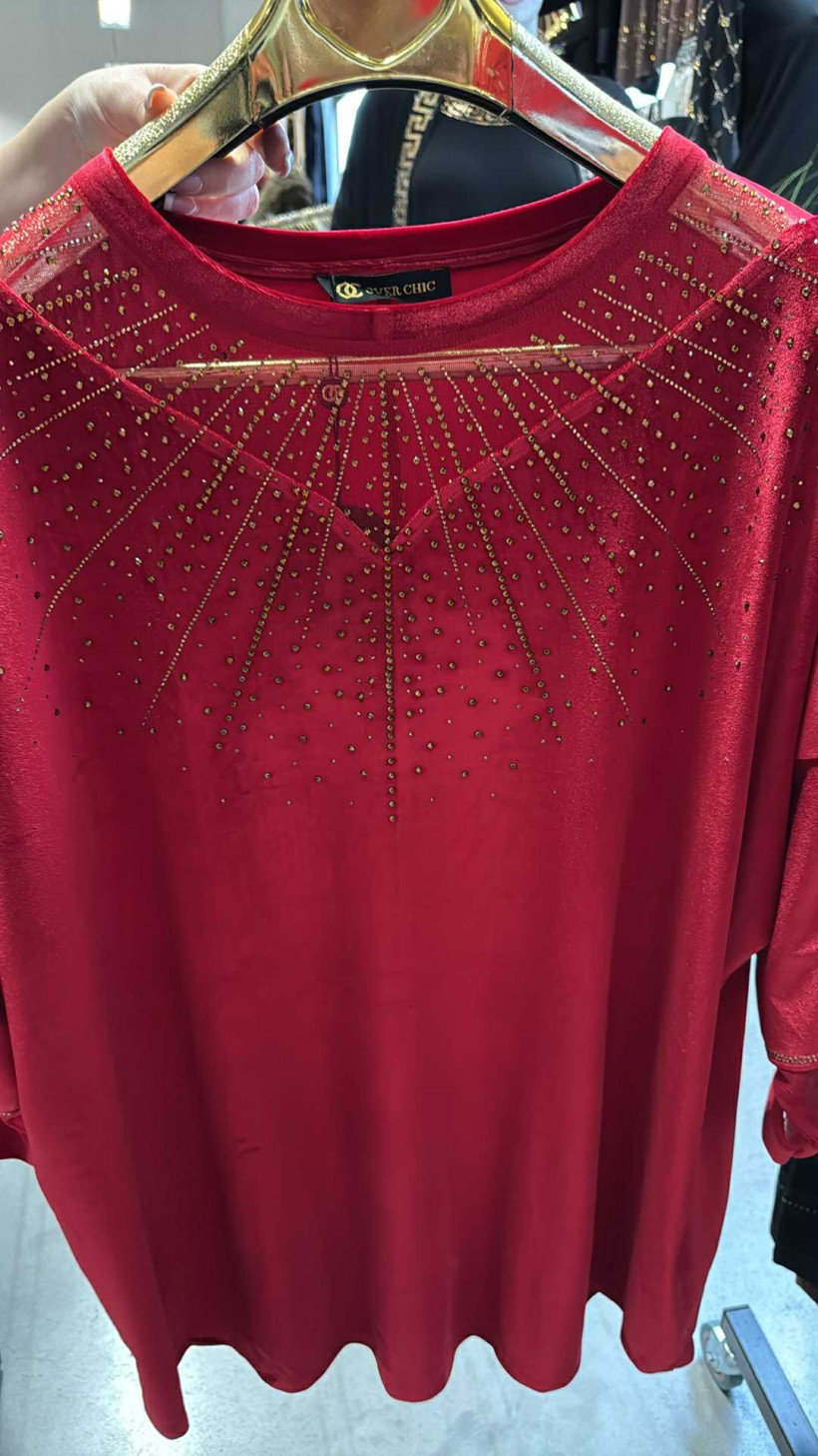 Tunika jednokolorowa welurowa z cyrkoniami - 7093 - czerwona