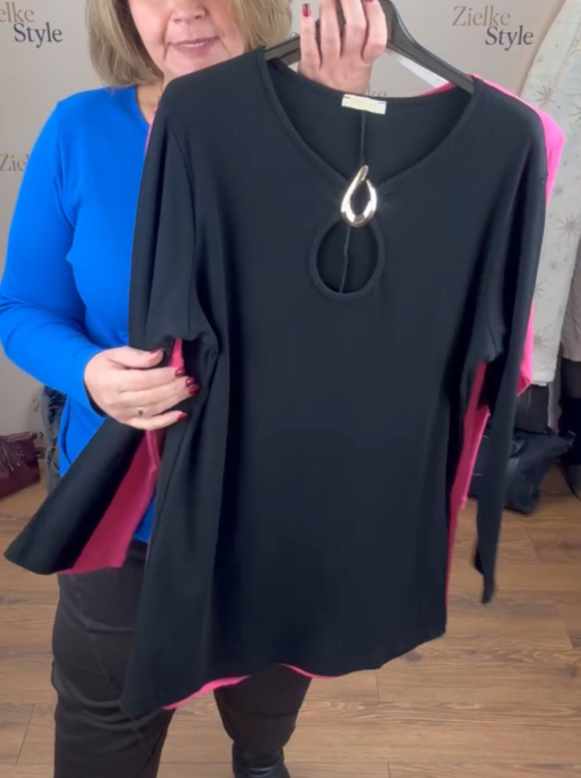 Bluzka prążek jednokolorowa, złota łezka przy dekoldzie - myzem - 531 - czarna