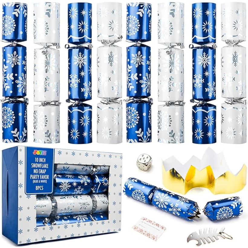 8 sztuk świątecznych niespodzianek stołowych JOYIN 10" Snowflake Christmas No-Snap Party Favor w kolorze niebiesko-białym.