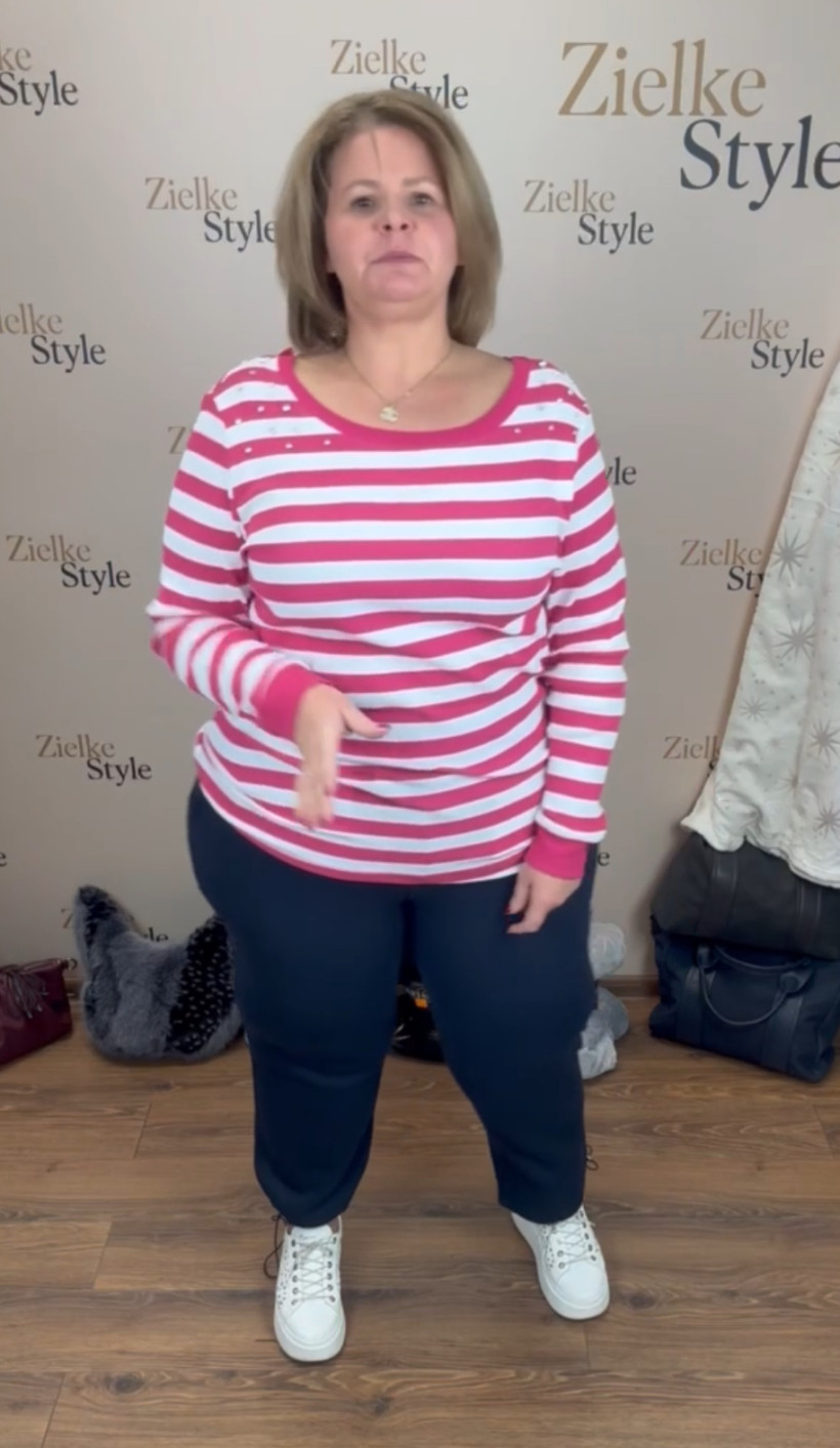 Bluzka prążek w paski, gipiura na plecach - myzem - 356 - różowo biała