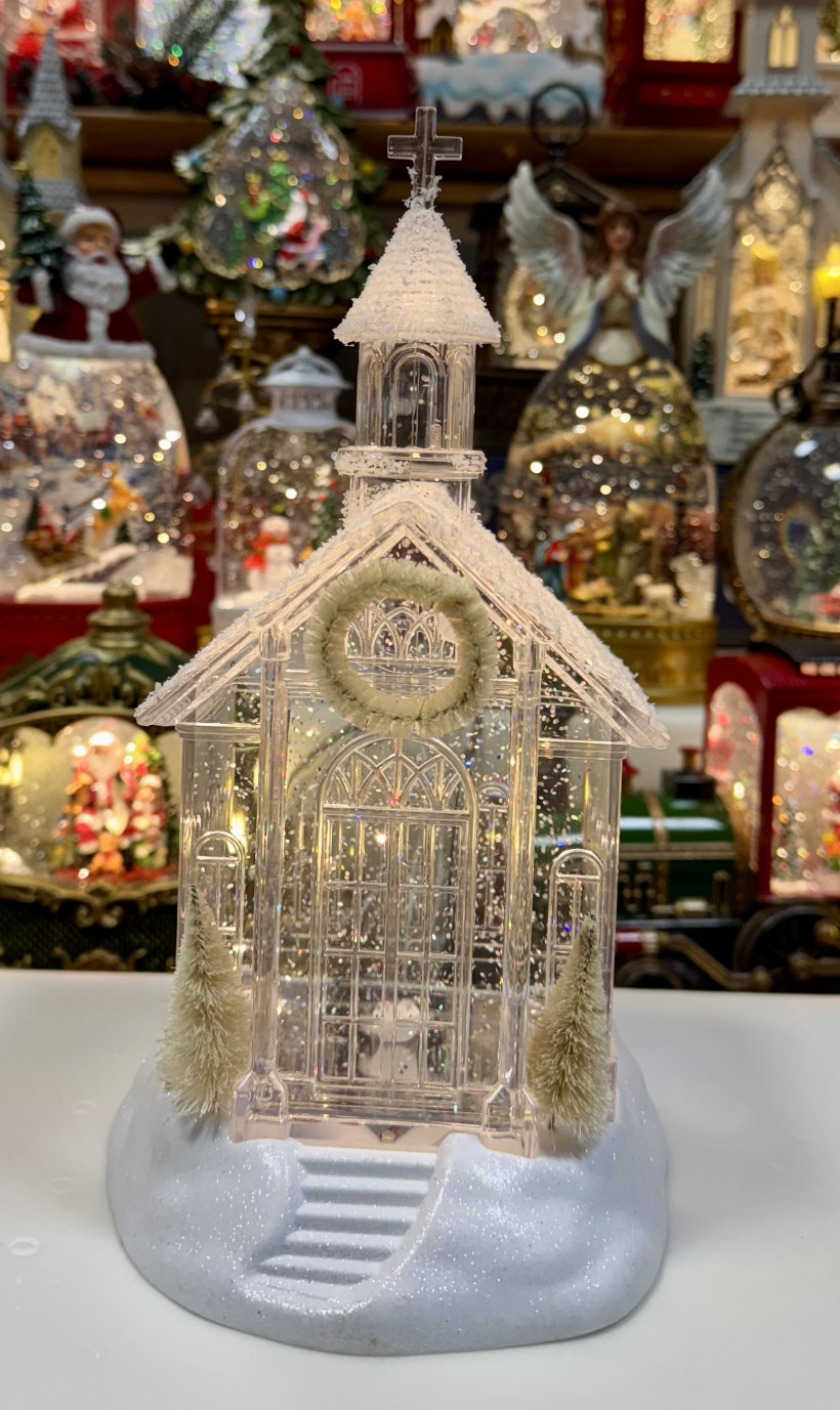 Lampion świąteczny kościół biały. Pozytywka grająca. Wysokość 26cm