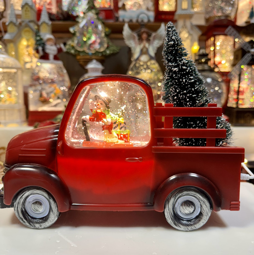 Lampion świąteczny. Samochód z choinką. Pozytywka grająca. Wysokość 14cm