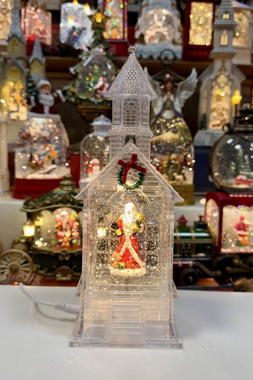 Lampion świąteczny. Domek z Mikołajem. Pozytywka grająca. Wysokość 25cm