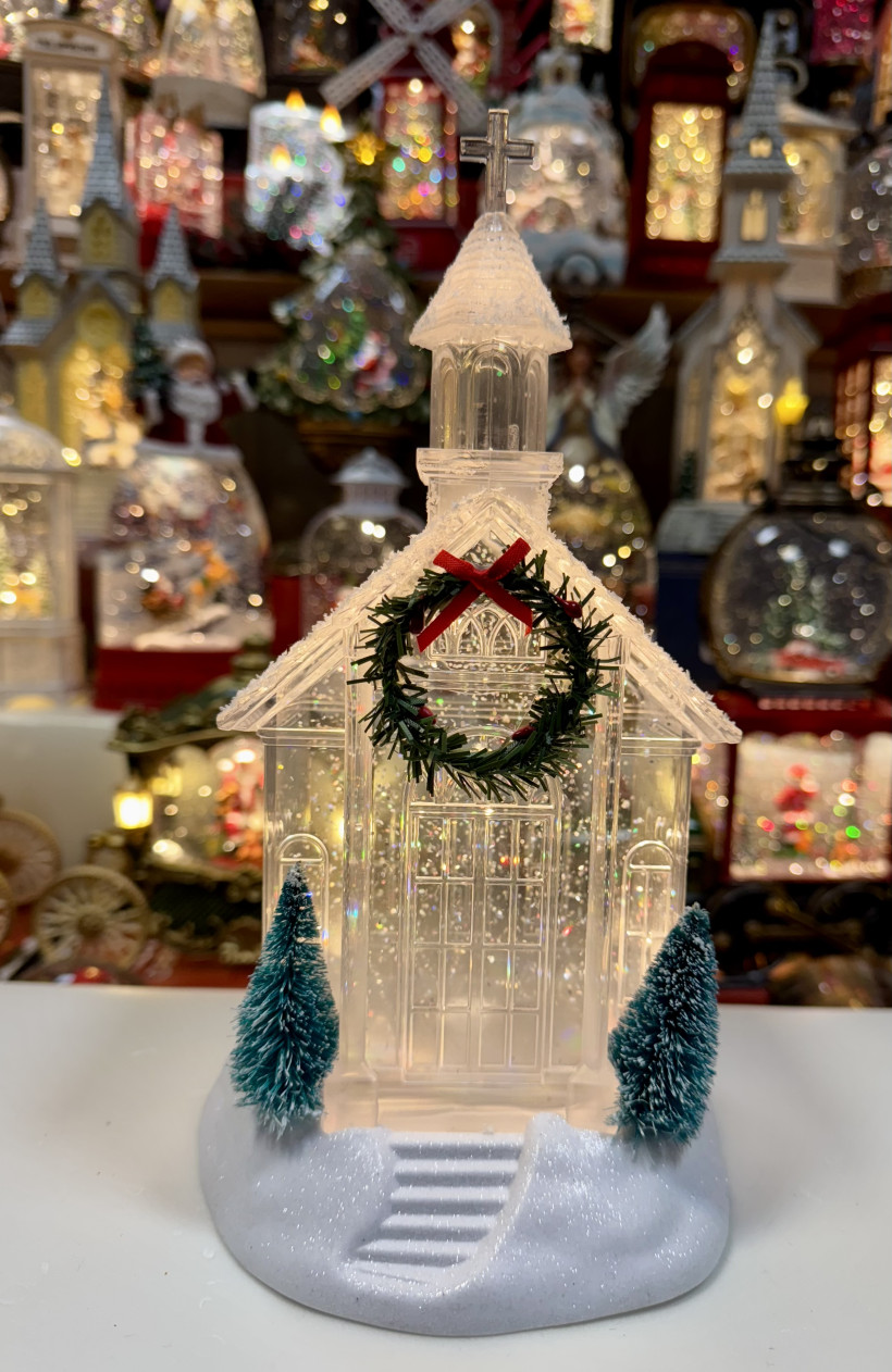 Lampion świąteczny kościół biały. Pozytywka grająca. Wysokość 25cm