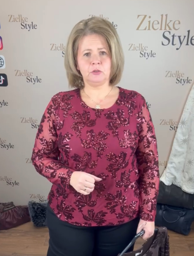 Bluzka na podszewce, cyrkoniowe kwiaty - 22023 - bordo