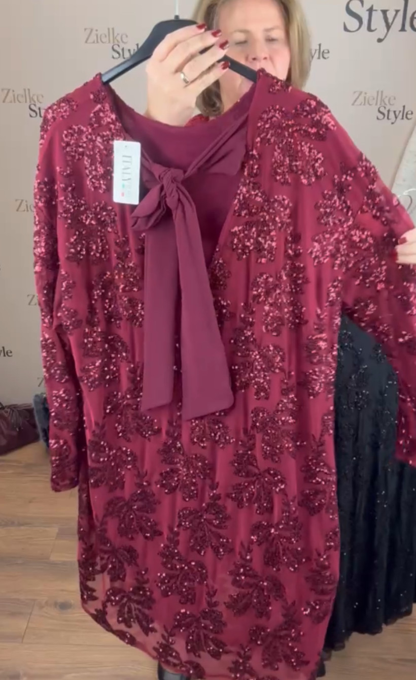 Sukienka na podszewce cyrkoniowe kwiaty, wiązany tył  - 2018 - bordo