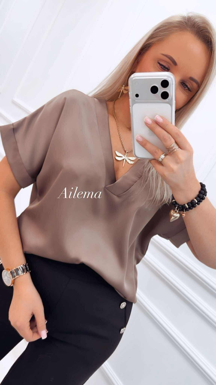 Elegancka bluzka dekolt V kk1563 satynowa, krótki rękaw