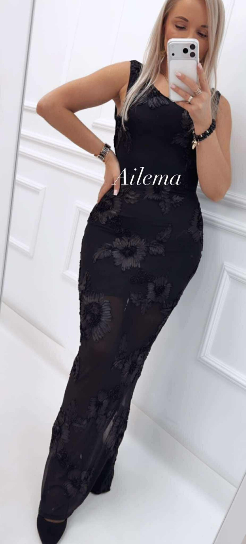 Sukienka długa siatka na ramiączkach kk1564 z wyszywanymi kwiatami