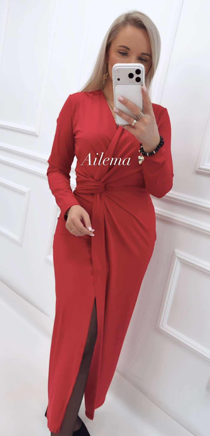 Sukienka maxi z długim rękaw kk1565 zwężenie w talii