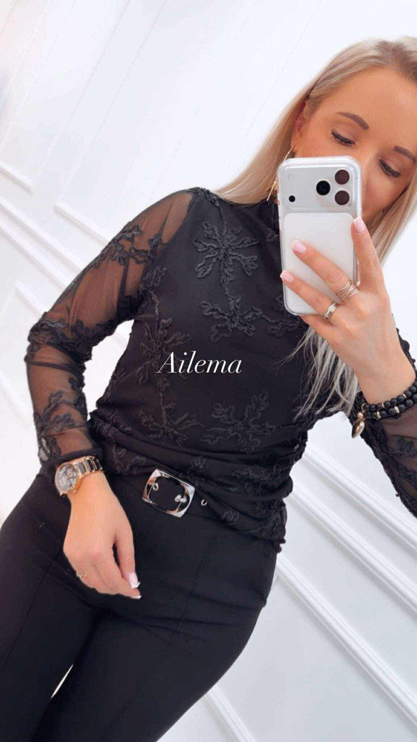 Bluzka z długim rękawem siatka kk1566 wyszywane kwiaty