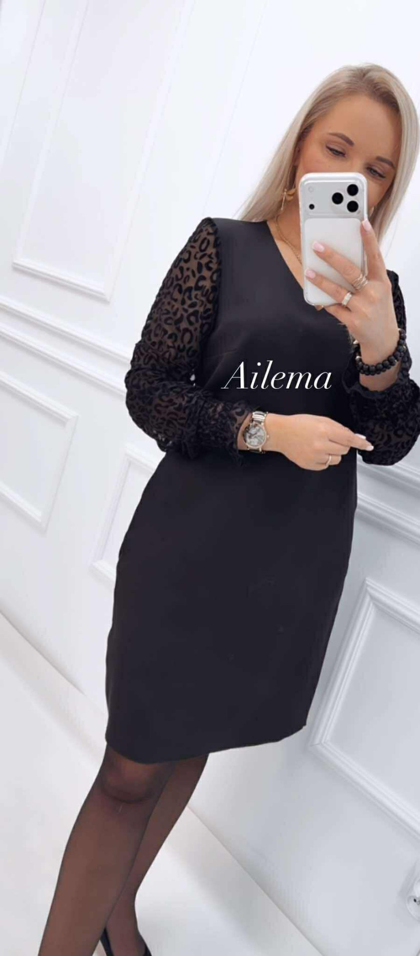 Sukienka Madex Aliema dekolt V kk1569 czarna, panterkowe rękawy z gumą