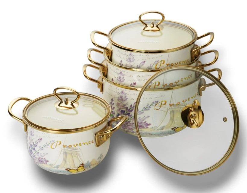 Zestaw garnków emaliowanych 8el. Szklane pokrywki- MP-2631