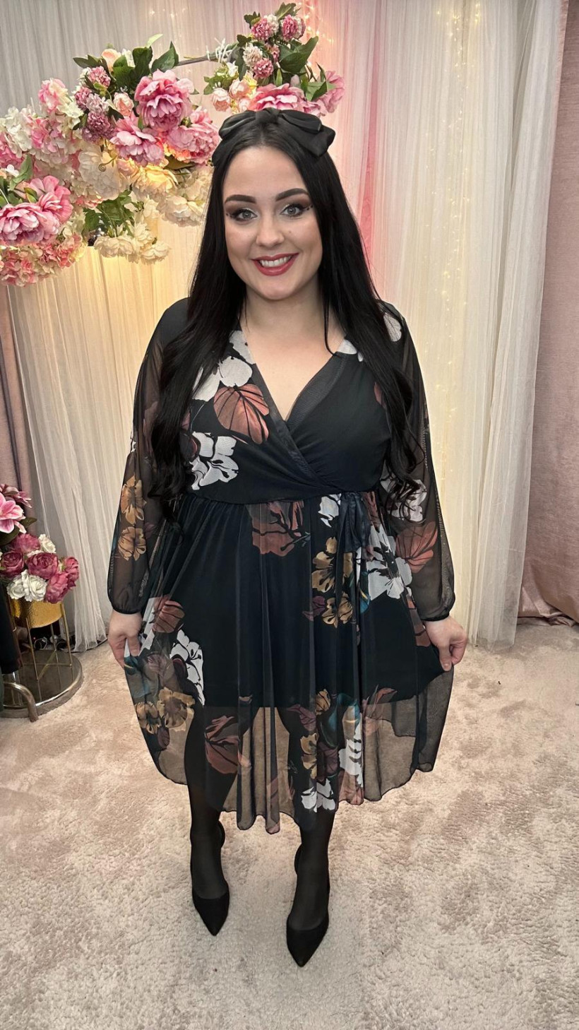 AL199 Sukienka z  siateczki w kwiaty Czarna WYPRZEDAŻ 