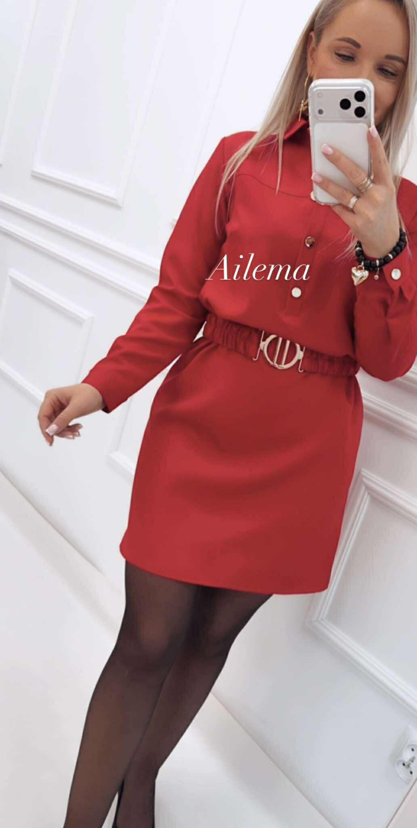 Sukienka EMG bordo kk1577 koszulowa gładka z paskiem