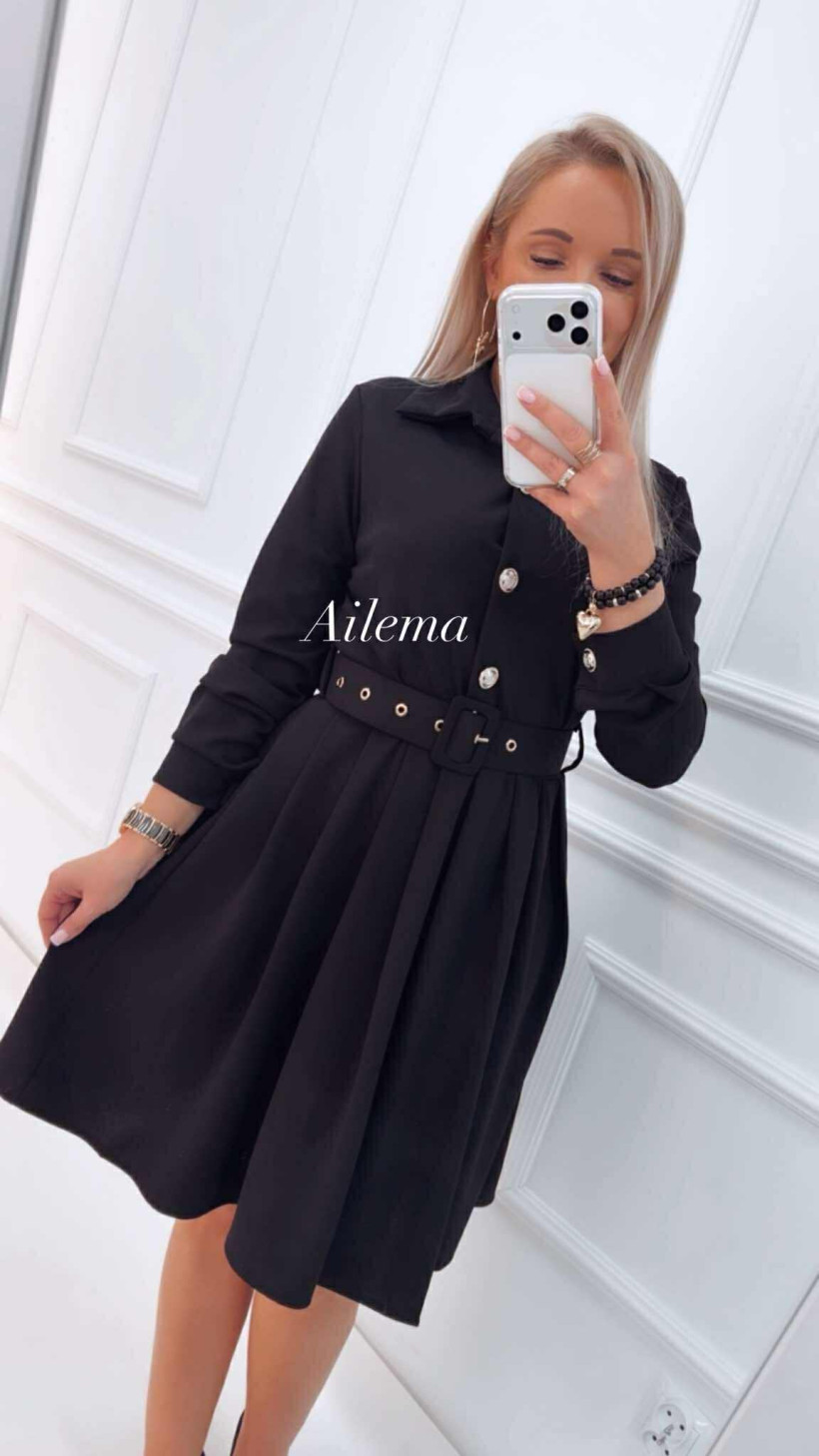 Sukienka z kołnierzykiem i paskiem kk1585 zapinana na złote guziki 