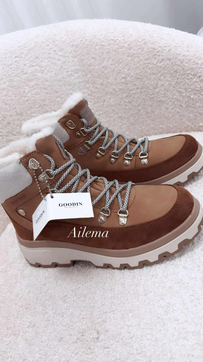 Buty traperki wiązane Goodin GD-CC-43 karmelowe z futerkiem