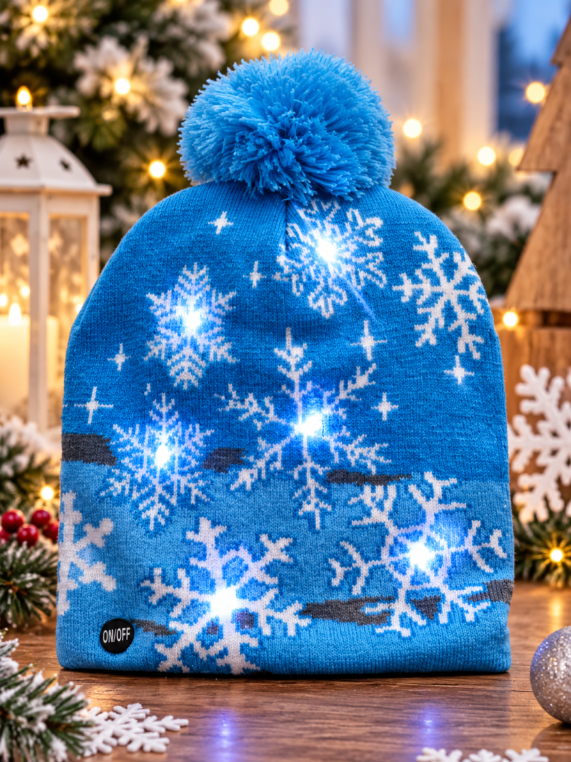 Czapka świąteczna LED ze śnieżynkami 24 × 21 cm niebieska