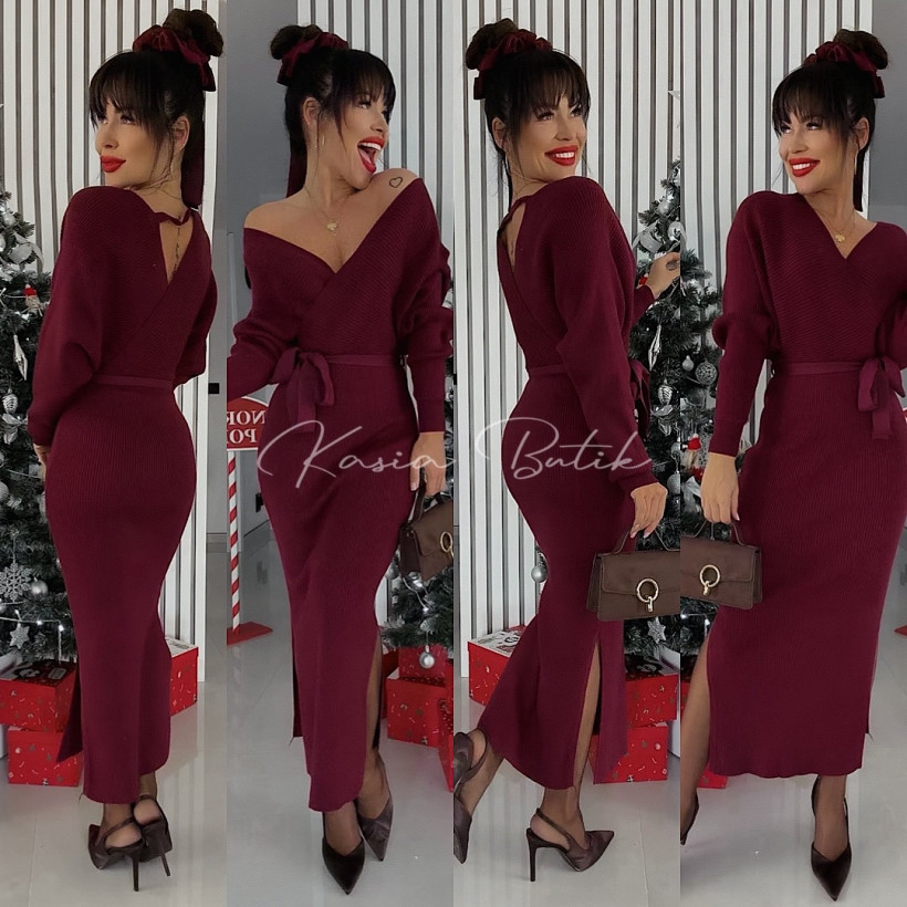 Sukienka Midi Dzianinowa Montreal Bordowa