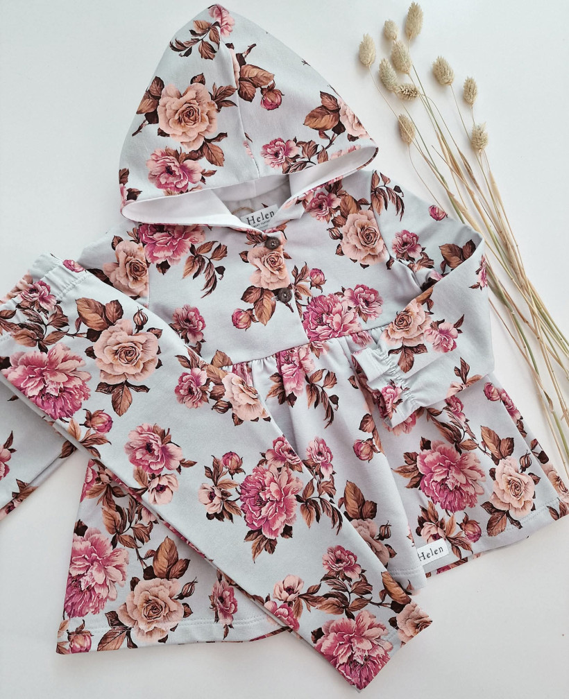 DRES Z TUNIKĄ RETRO RÓŻE N A BRUDNEJ MIĘCIE HELEN