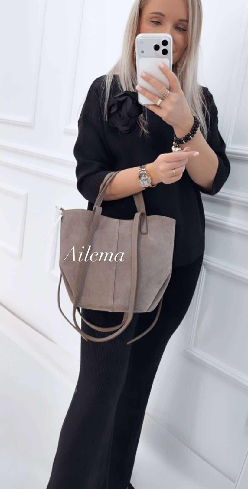 WYPRZEDAŻ  Torebka shopperka ze skóry naturalnej 24-082 z kosmetyczką 