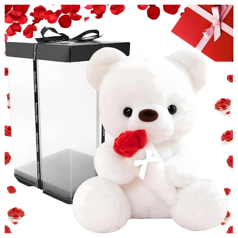 Maskotka Miś Siedzący 32cm | Biały Pluszak z Czerwoną Różą i Kokardką