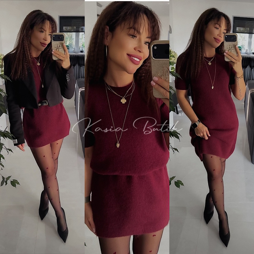 Sukienka Sweterkowa Mini Triko Bordowa