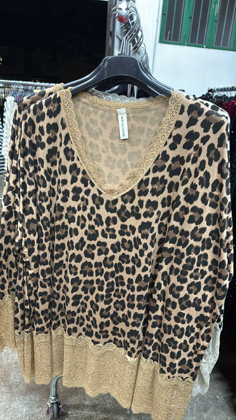 Italia nr.7 - Tunika z dodatkiem koronki, wzór panterka - 28079 - kamel