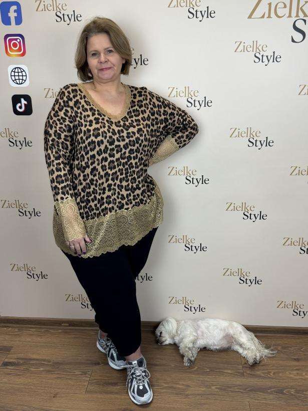 Italia nr.7 - Tunika z dodatkiem koronki, wzór panterka - 28079 - kamel