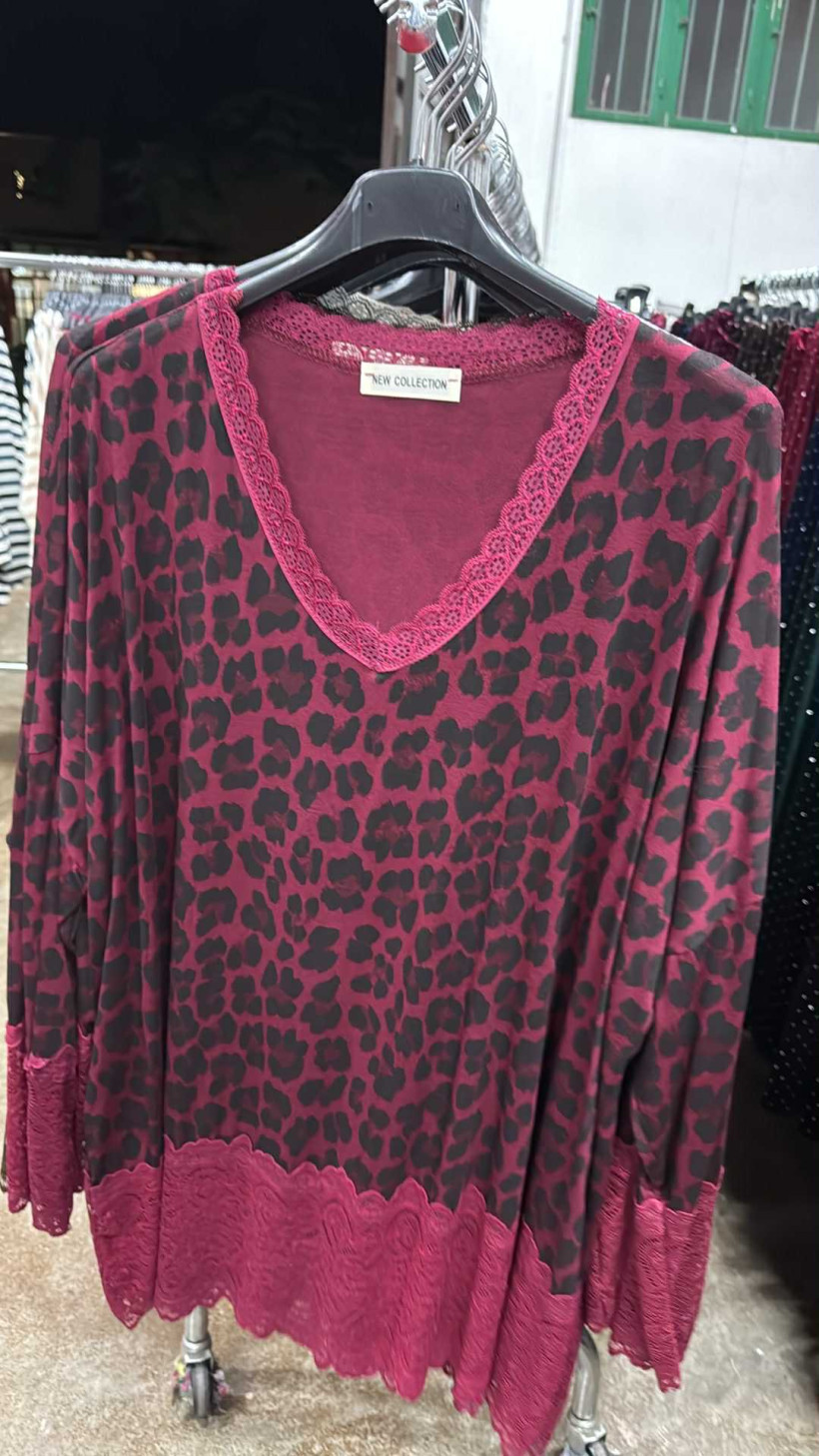 Italia nr.7 - Tunika z dodatkiem koronki, wzór panterka - 28079 - bordo