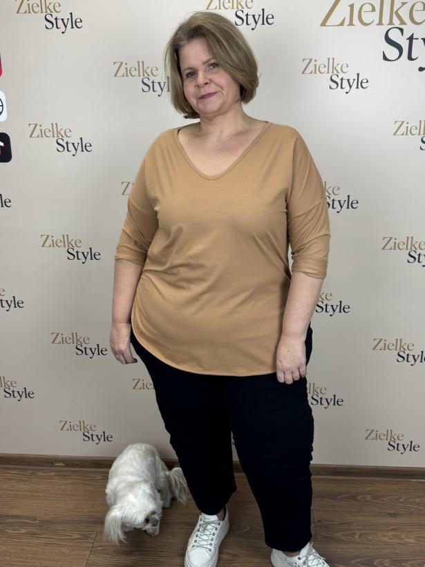 Italia nr V - Tunika jednokolorowa w serek, rękaw 3/4 - 21152 - camel