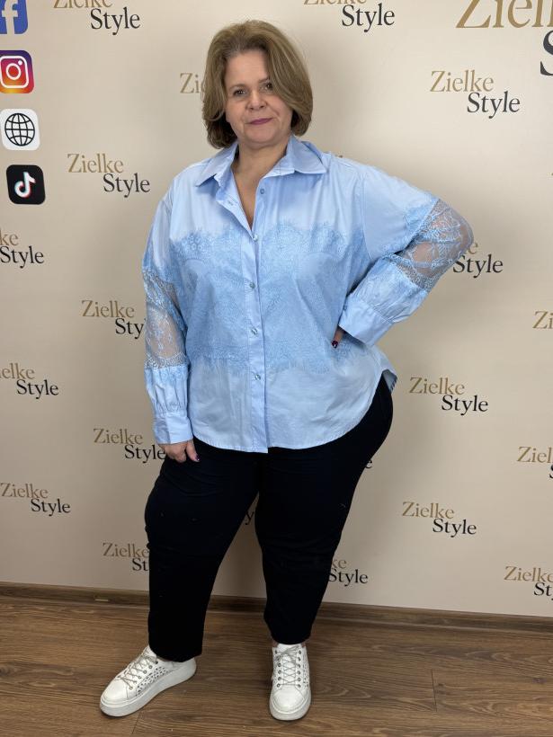 Italia nr.7 - Koszula jednokolorowa z naszytą koronką - 15750 - niebieska