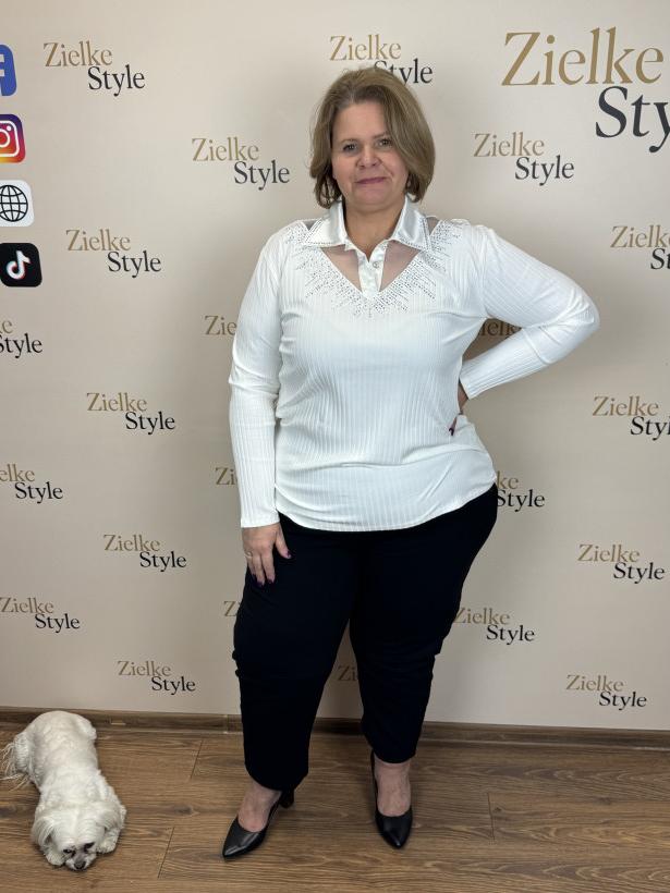 Bluzka szeroki prążek z kołnierzykiem ozdobiony cyrkoniami - 0022 - biała