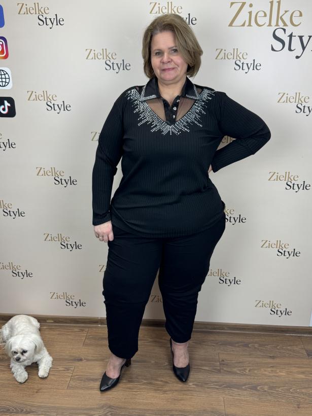 Bluzka szeroki prążek z kołnierzykiem ozdobiony cyrkoniami - 0022 - czarna