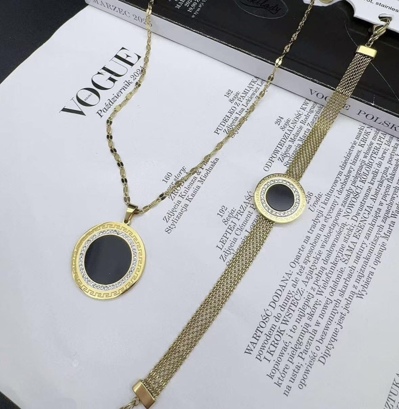 Łańcuszek czarna monetka i cyrkonie 14132 A