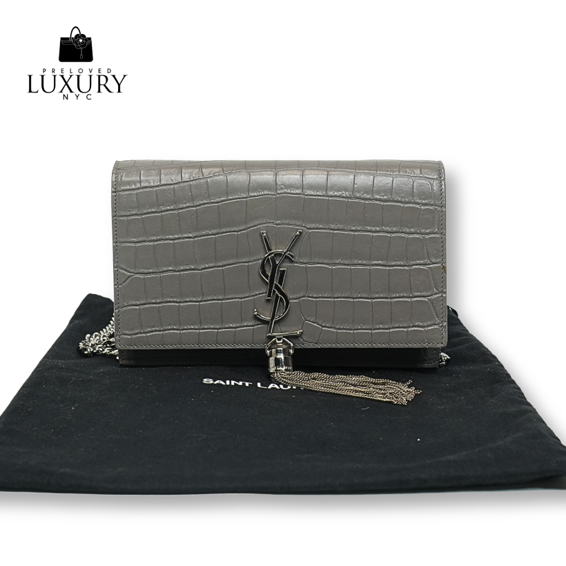 YSL KATE  CROC EMBOSSED Tassel Silver Chain