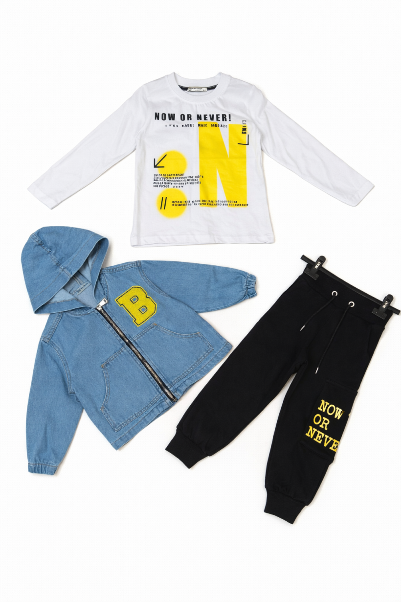 Komplet 3cz  Katana jeansowa B bluzka spodnie - JASNY JEANS/ CZARNY 