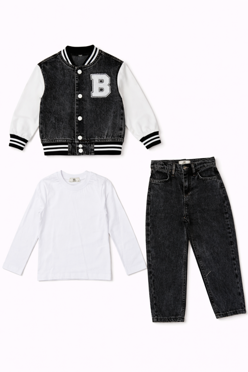 Komplet 3cz  Katana jeansowa B bluzka gładka spodnie - GRAFIT 