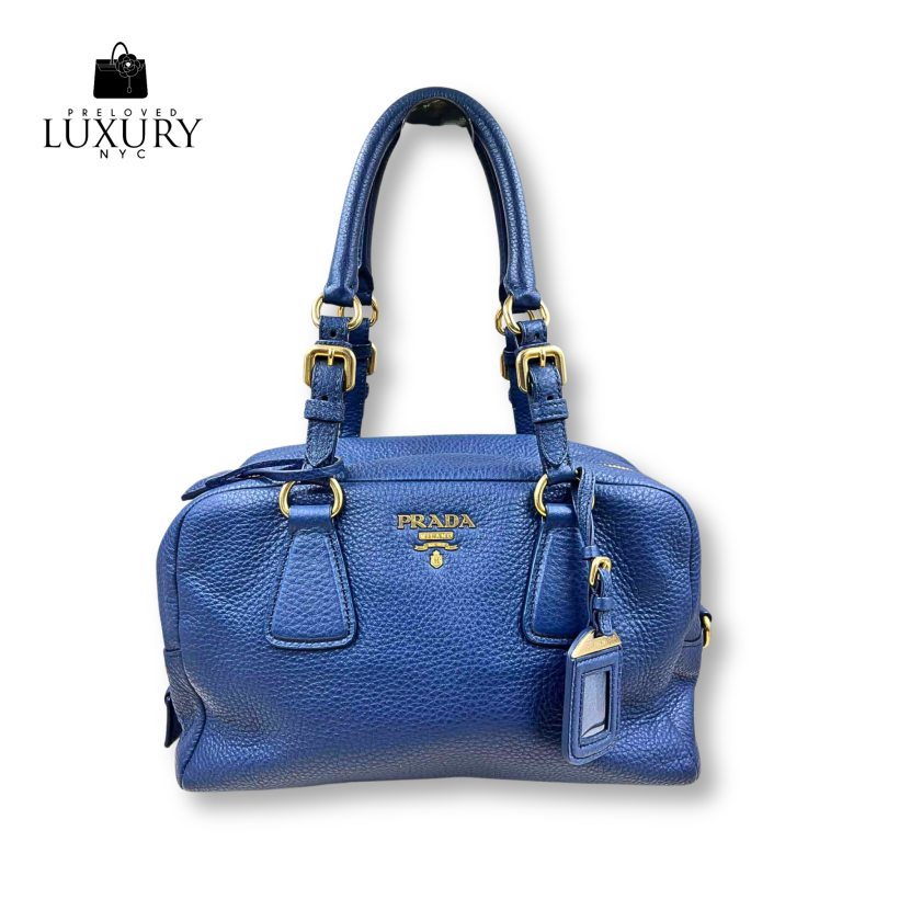 PRADA Leather Navy Blue Tote Bag