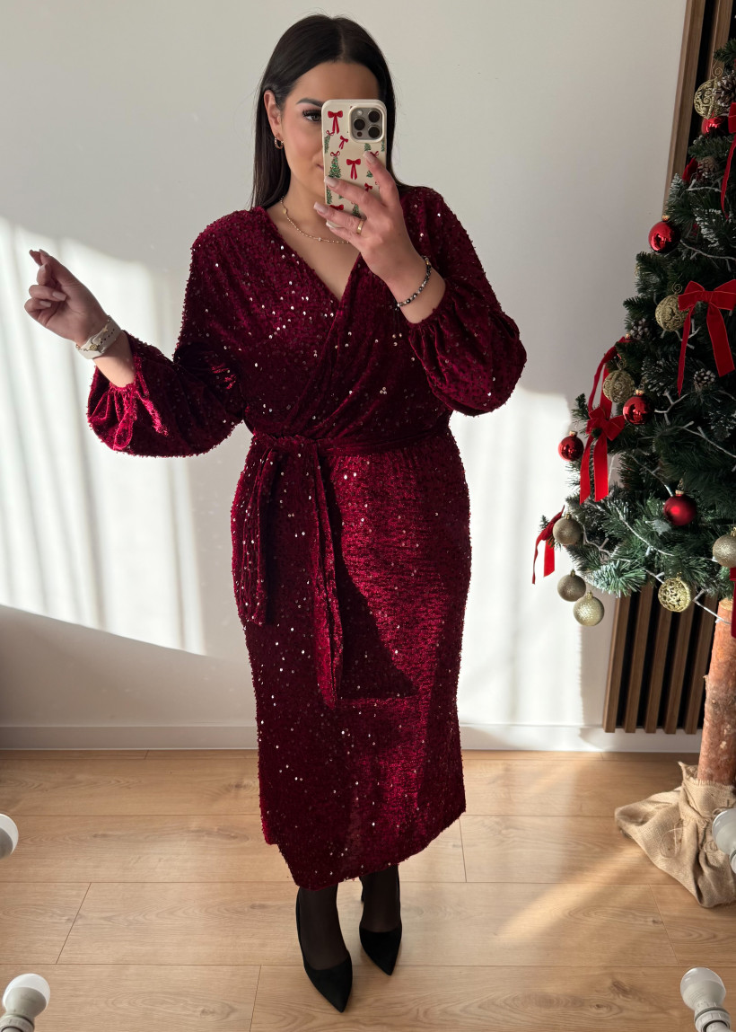 Sukienka cekinowa midi BORDOWA