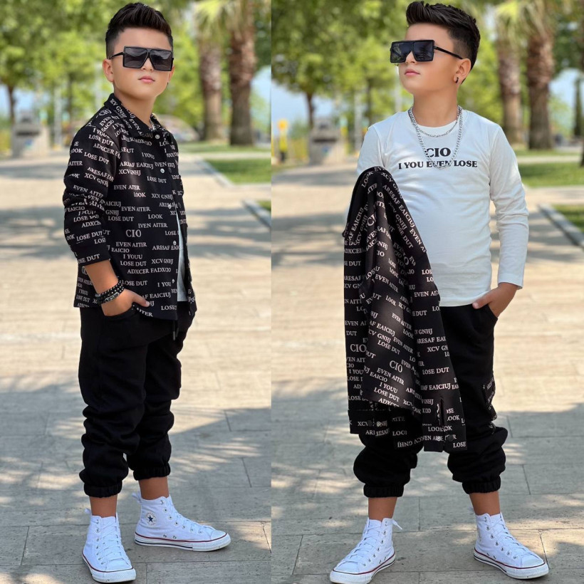 Komplet 3cz koszula napisy bluzeczka spodnie - CZARNY 