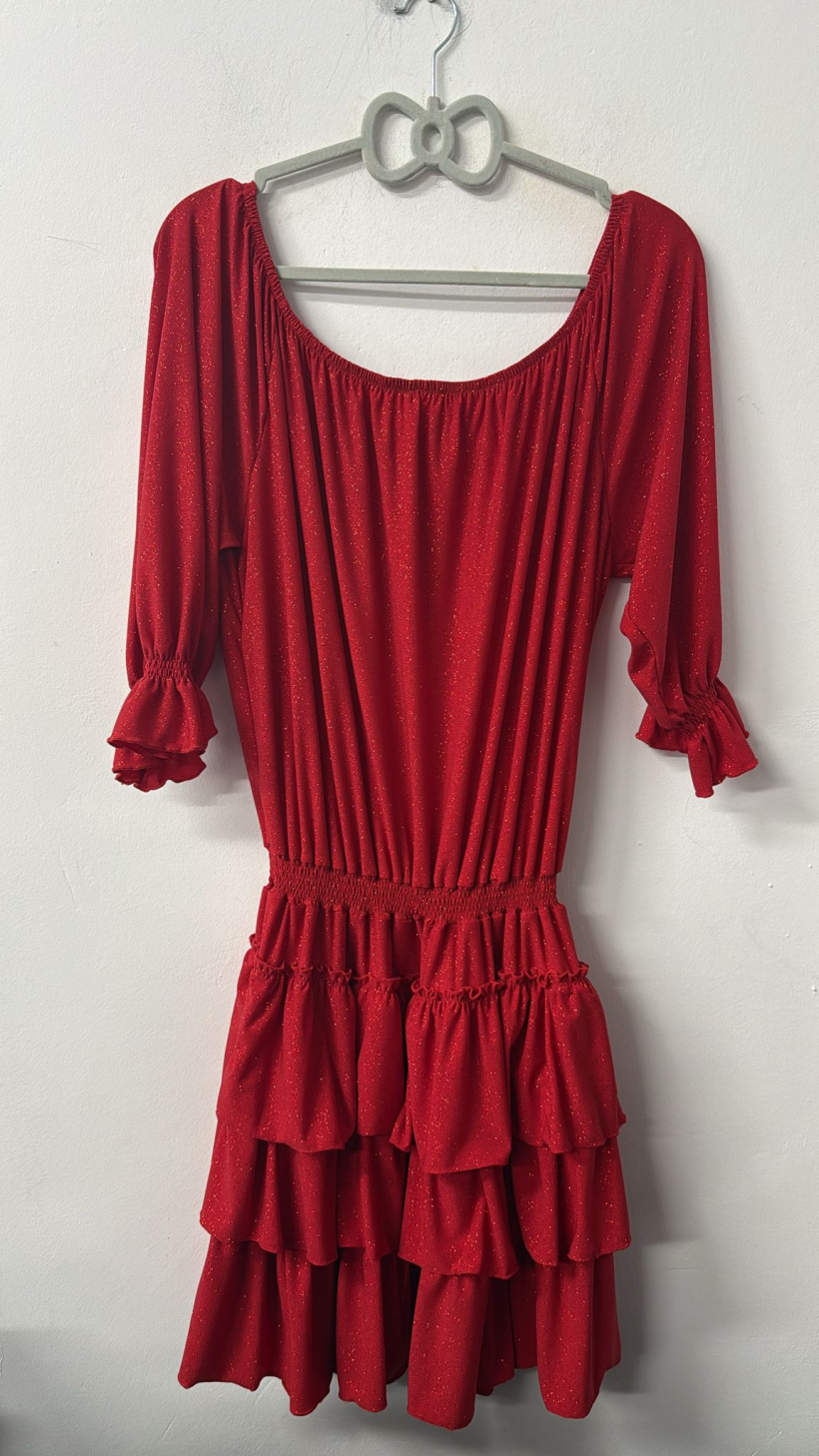 AL247  Sukienka z falbanami połyskująca MY LUXE Czerwona