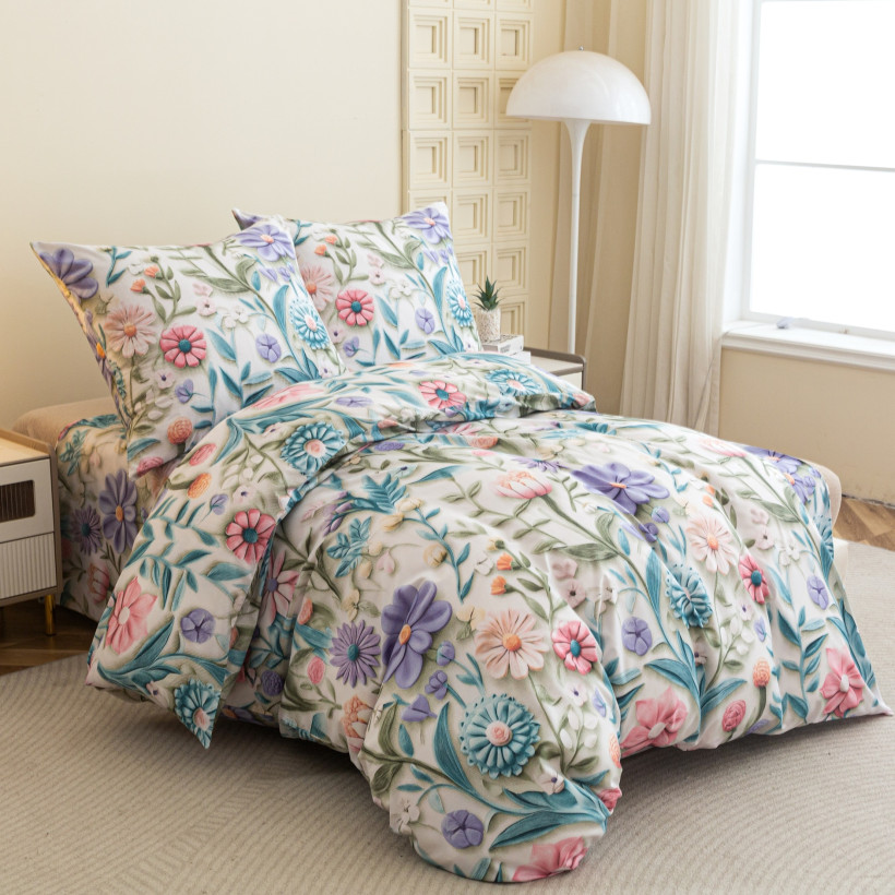 Pościel 160x200cm 3-częściowa 100% mikrofibra pastelowe kwiaty AML-3291