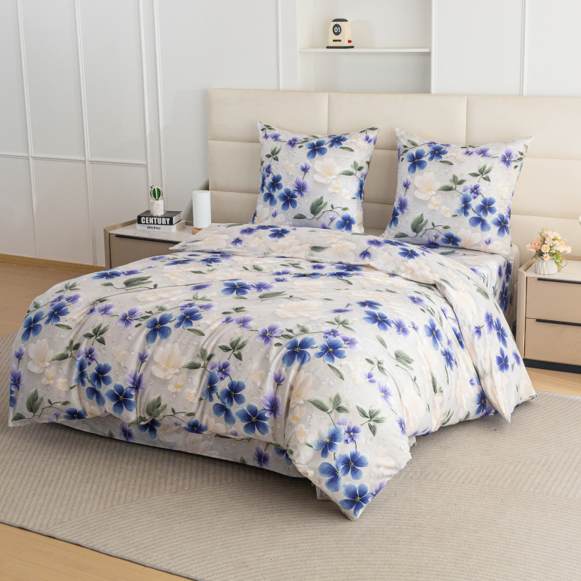 Pościel 160x200cm 3-częściowa 100% mikrofibra niebieskie kwiaty AML-3296